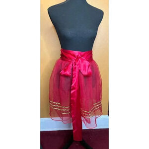 Fancy Red Apron With X Long Belt, Gold Trim